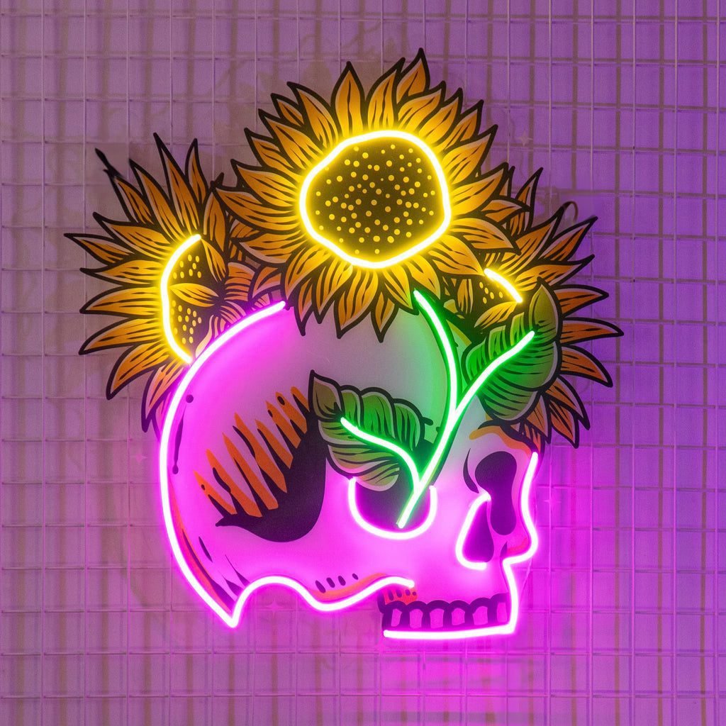 Skull Sun Flowers LED Neon Sign Light Pop Art