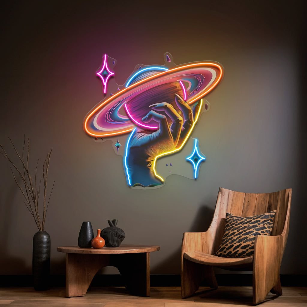 Hand Holding Saturn In Galaxy Art Style LED Neon Sign Light Pop Art - Image 3