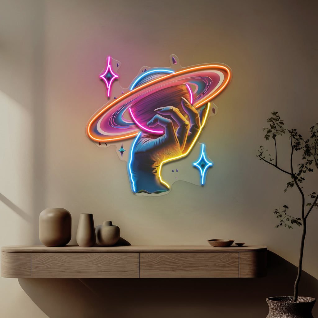 Hand Holding Saturn In Galaxy Art Style LED Neon Sign Light Pop Art - Image 4